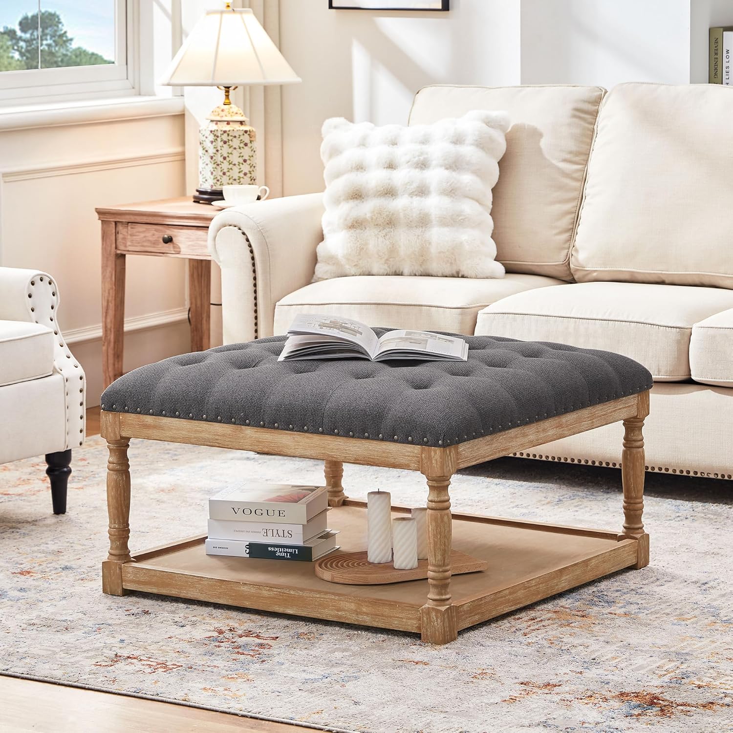 Large Tufted Ottoman with Storage Shelf - Versatile & Stylish!