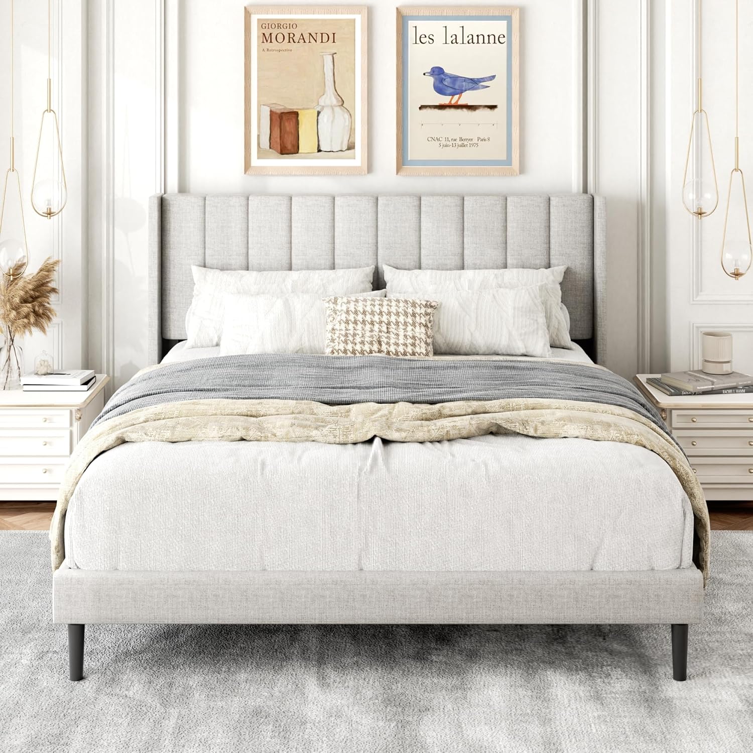 Queen Size Bed Frame with Upholstered Wingback Headboard