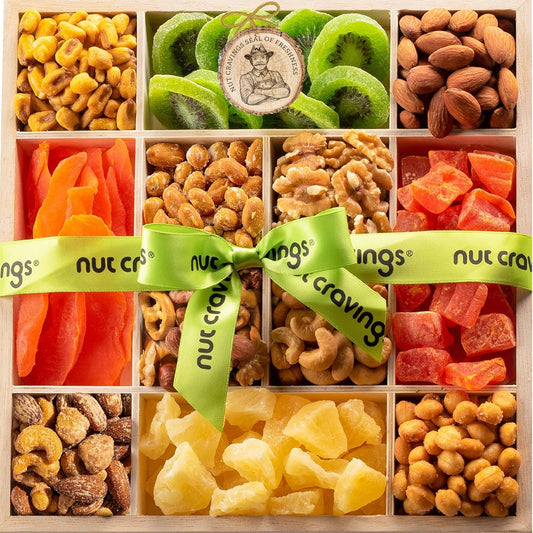Holiday Dried Fruit & Mixed Nuts Gift Basket in Wooden Tray