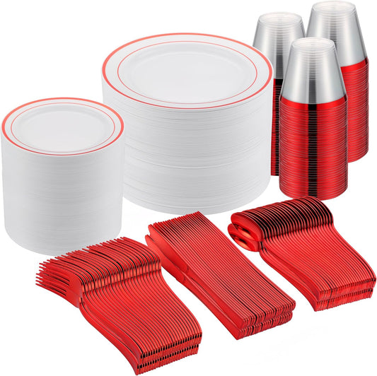 300 PCS Red Dinnerware Set for 50 Guests - Perfect for Events