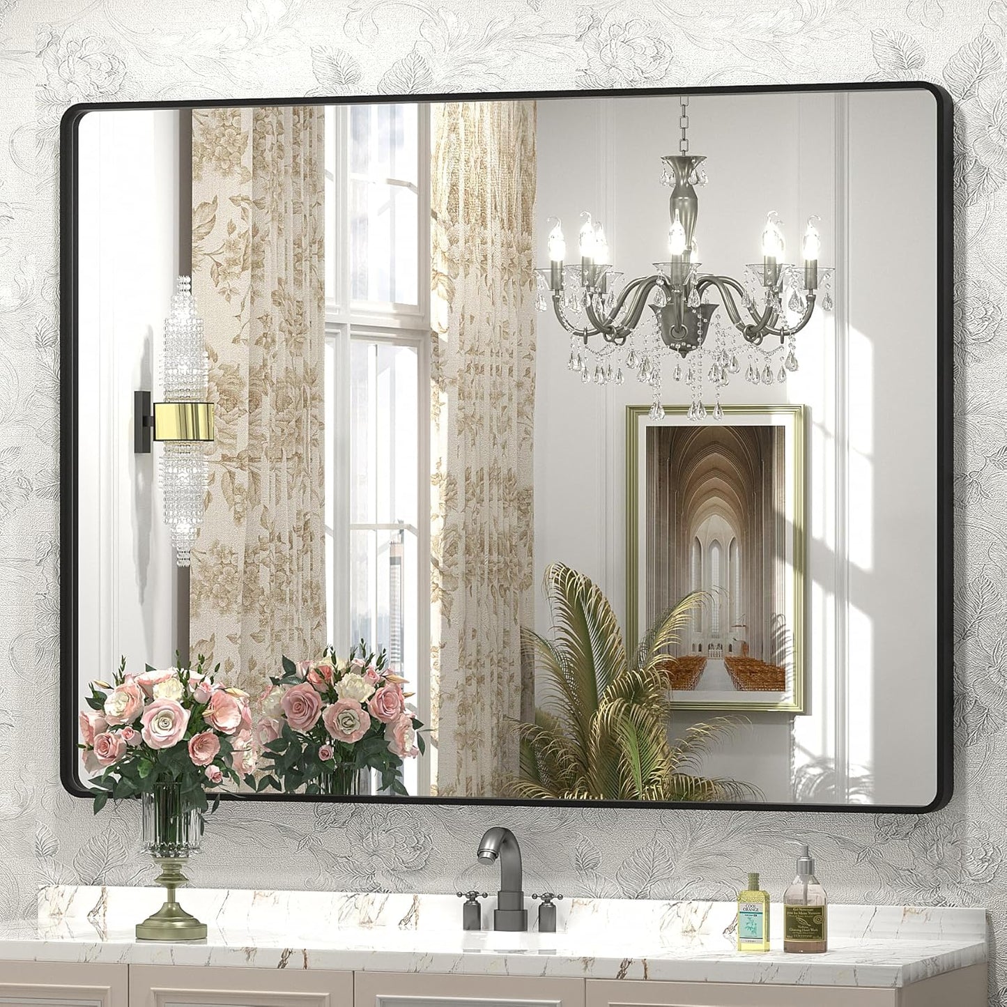 44x36 Inch Black Metal Framed Bathroom Mirror for Wall Decor