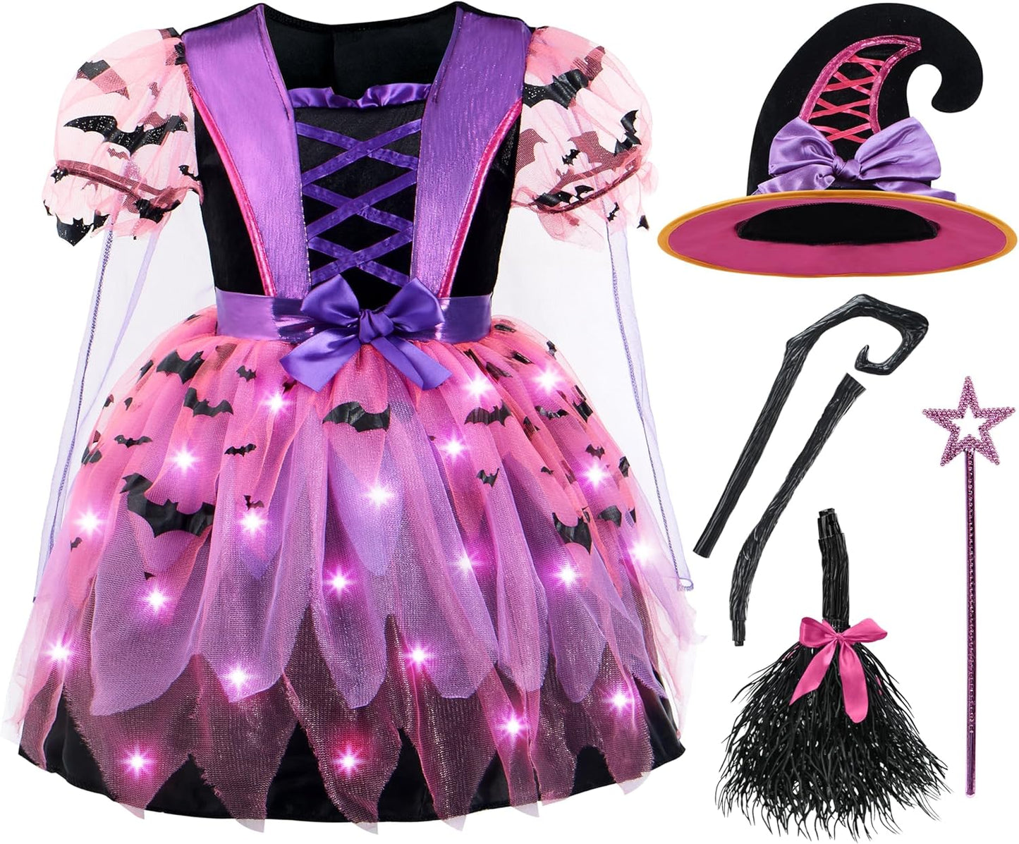 Light Up Witch Costume for Girls with Hat and Broom Fun