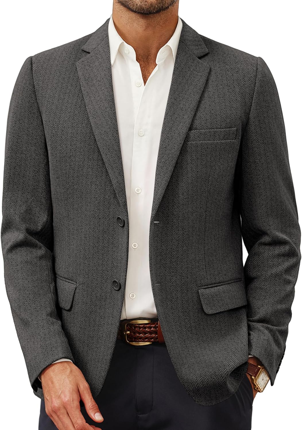 Men's Herringbone Blazer Jacket Lightweight Casual Knit Coat