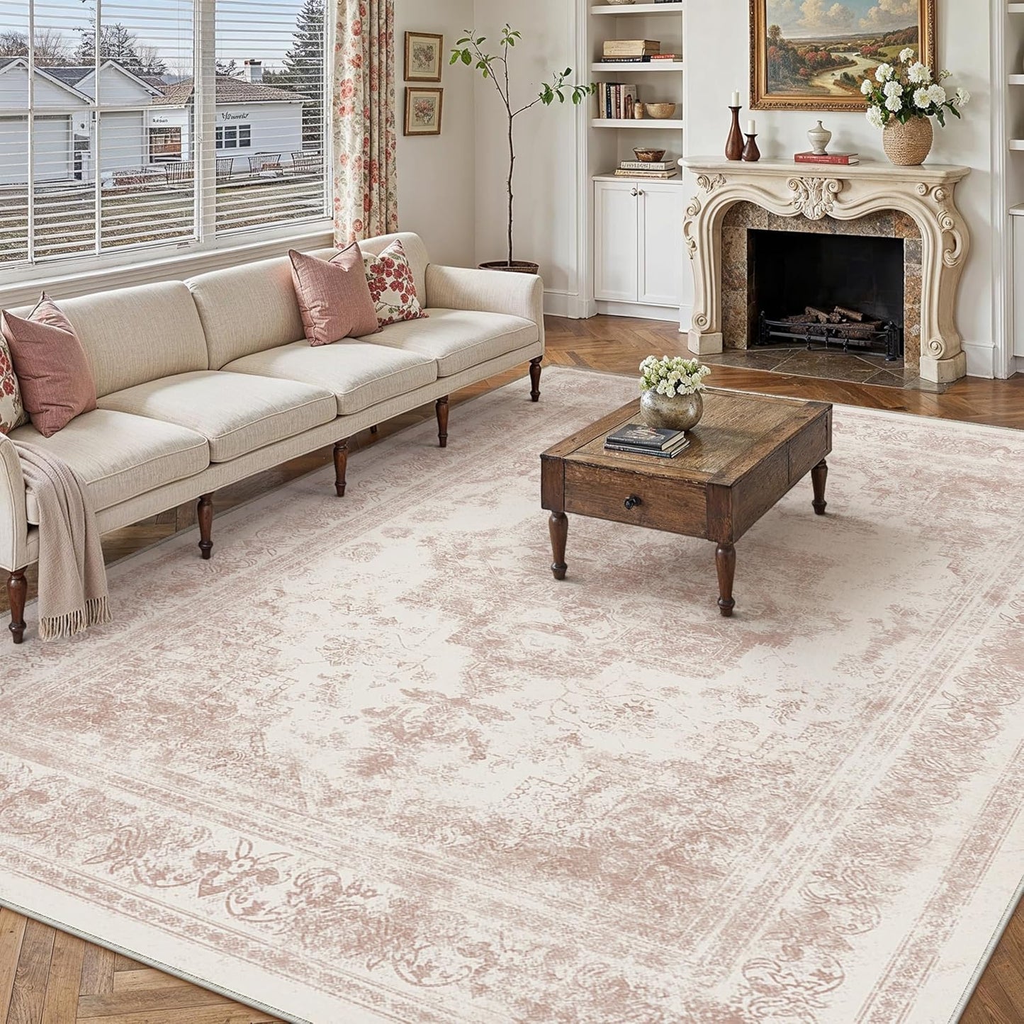 Washable Rug 9x12 Area Rug for Living Room in Pink Vintage Style