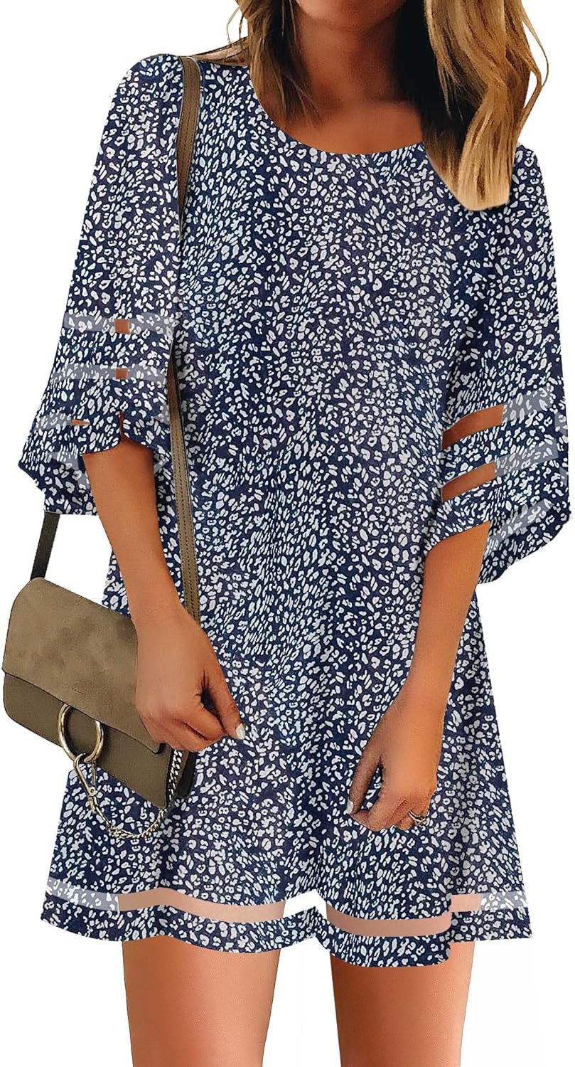 Casual Crewneck Mesh Panel Bell Sleeve Tunic Dress for Women