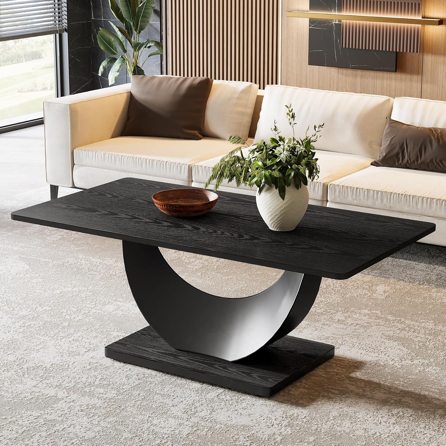 Modern Black Coffee Table with Crescent Metal Base