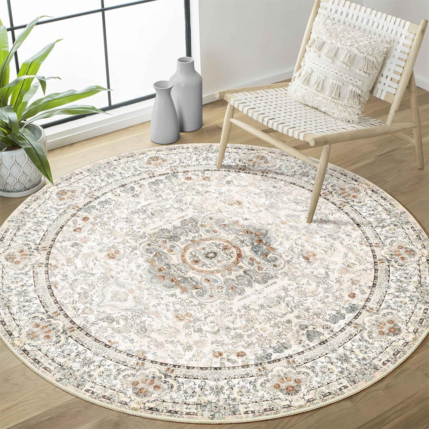 Boho Round Rug 4ft - Vintage Floral Carpet for Home Decor