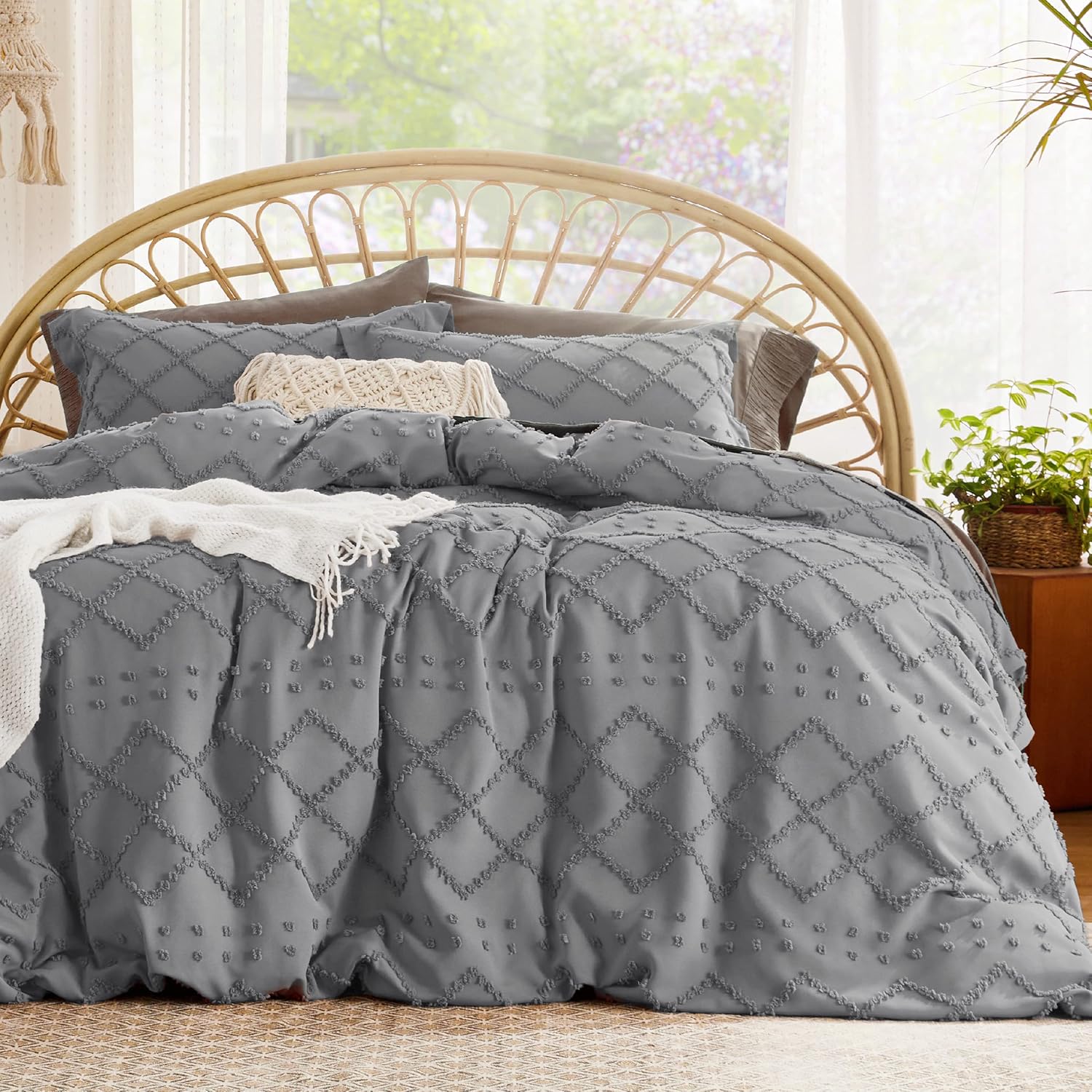 Boho Duvet Cover Queen Size - Soft Grey Bedding Set for Comfort