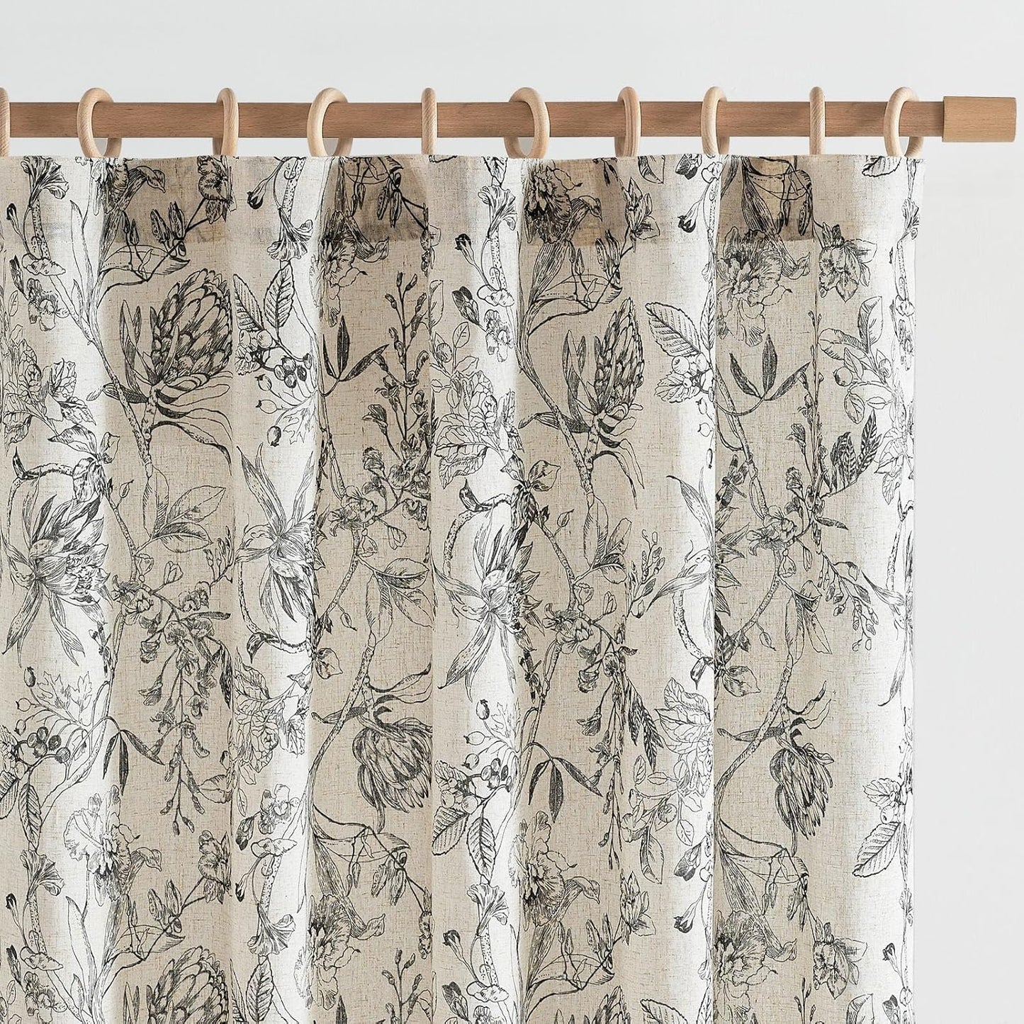 Floral Curtains 108 Inch Length Black Flower Linen for Living Room