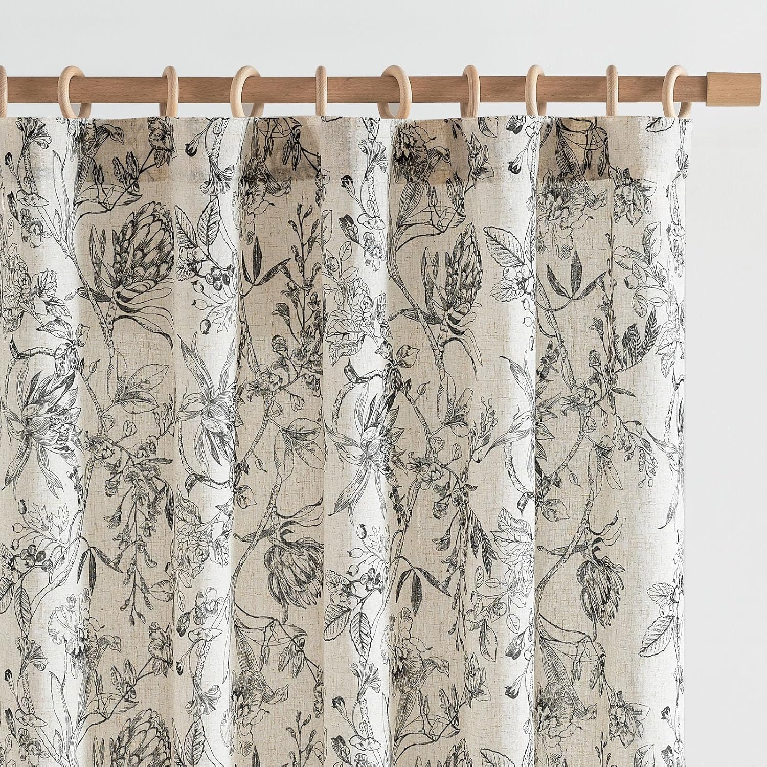 Floral Curtains 108 Inch Length Black Flower Linen for Living Room