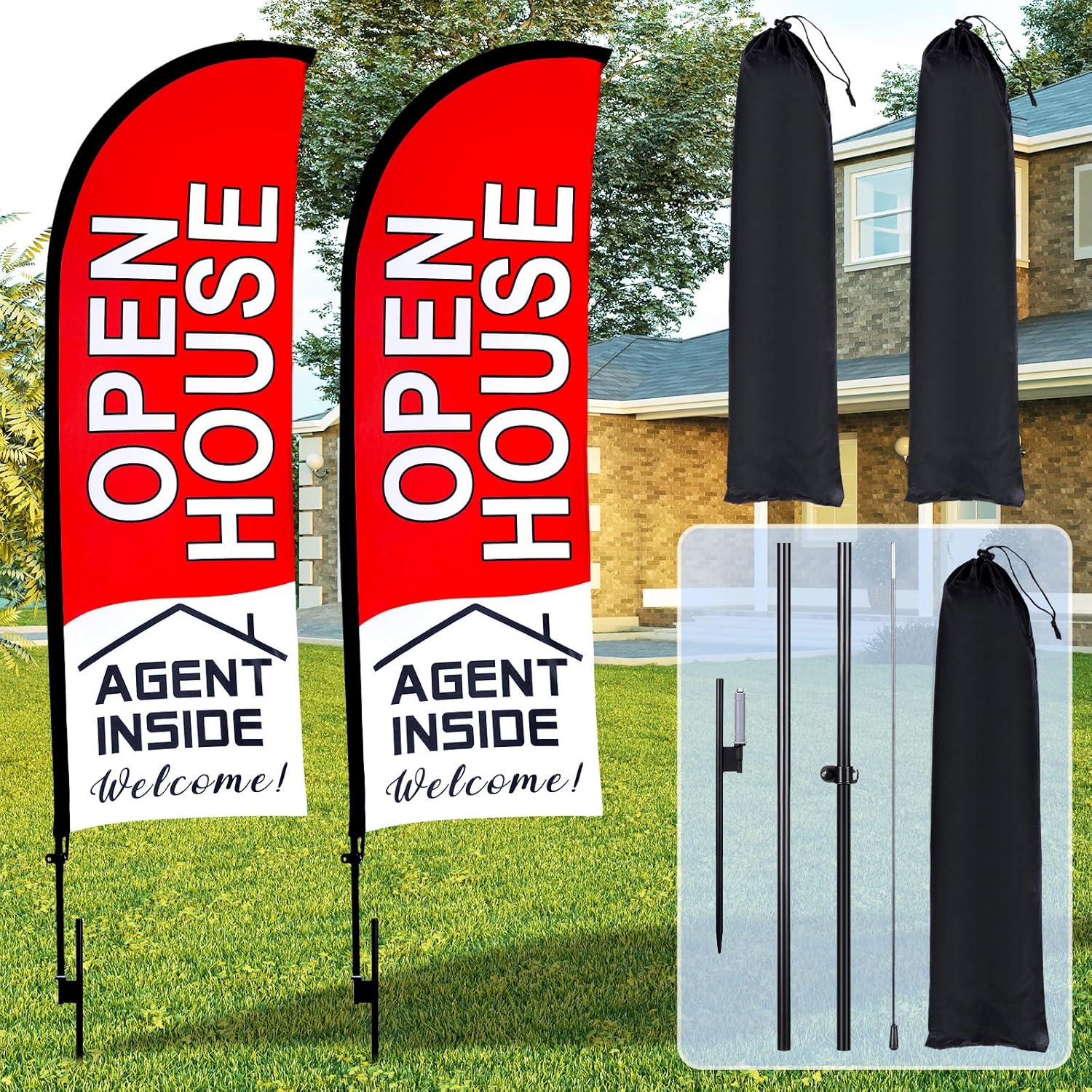 Open House Flags for Real Estate Agents - 2 Pack Feather Banners