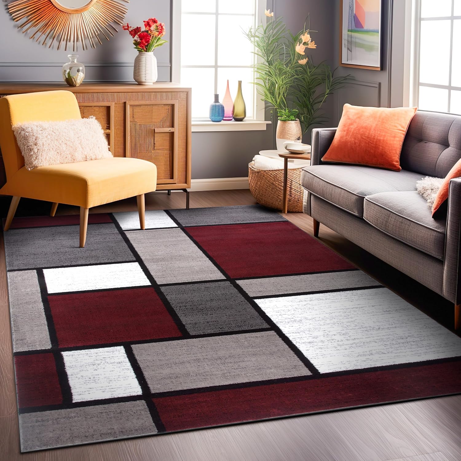 Modern Geometric Boxes Red Area Rug for Stylish Interiors