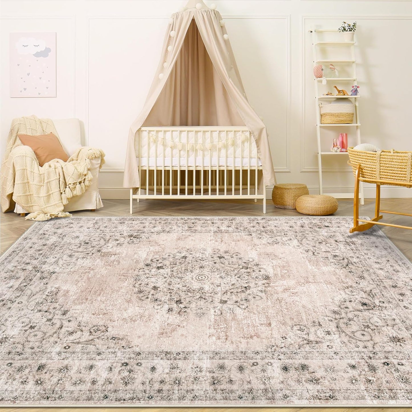 Vintage Area Rug 4x6: Washable Low Pile Distressed Carpet