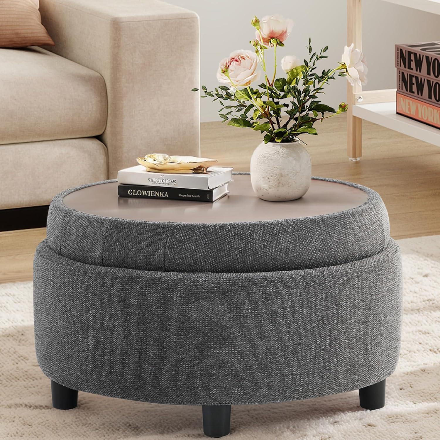 COLAMY Fabric Round Storage Ottoman with Reversible Tray Lid