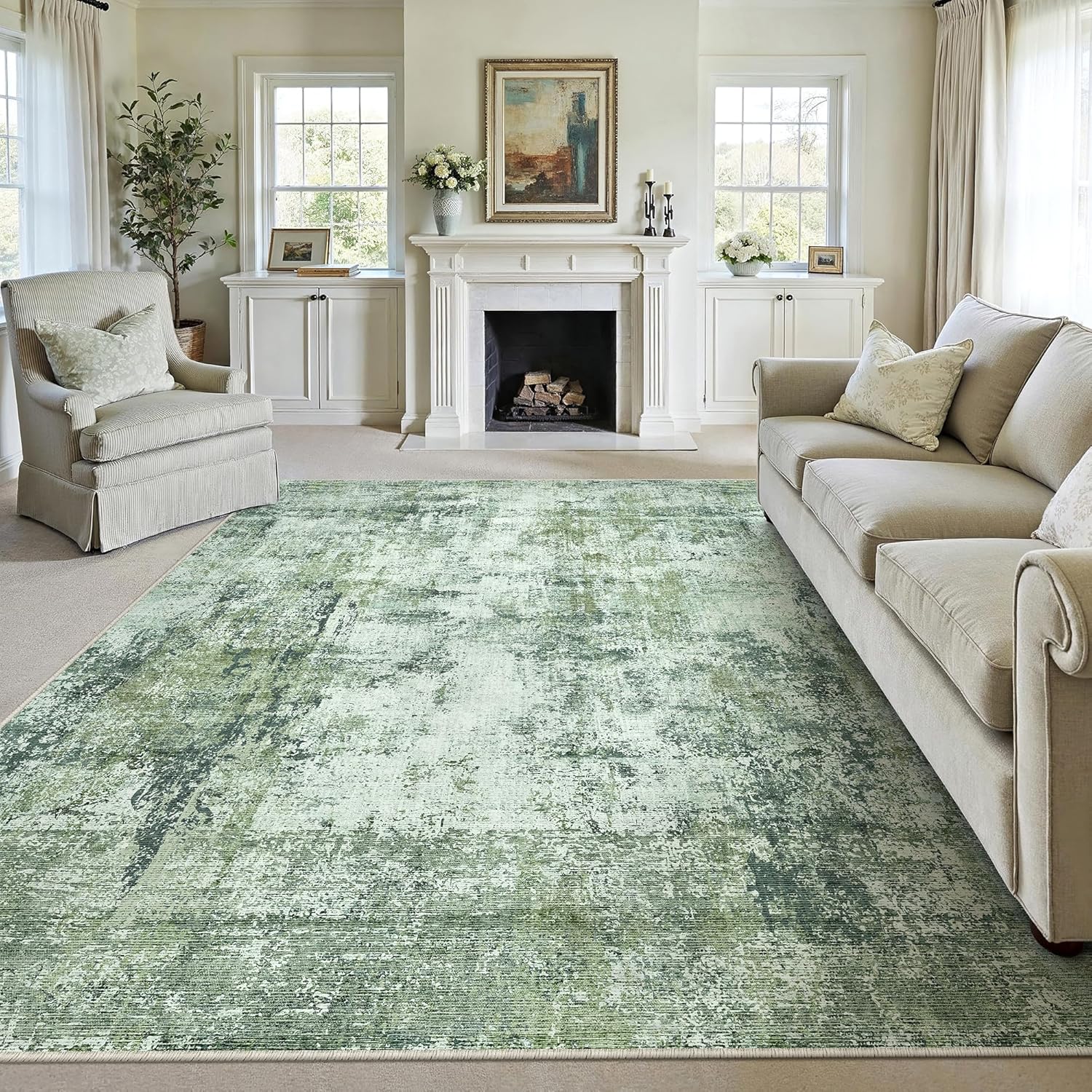 8x10 Washable Area Rug Dark Green Abstract for Living Room
