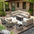 Beige 15-Piece Outdoor Sectional Patio Furniture Set with Fire Pit