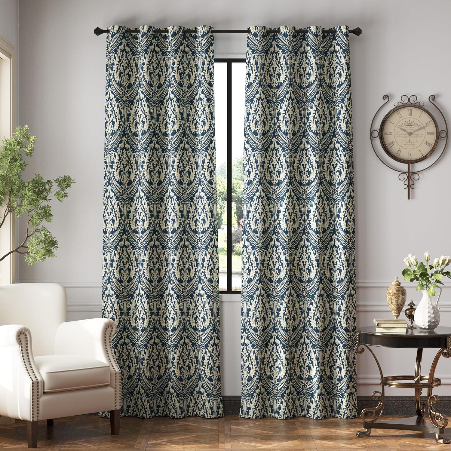 jinchan Blackout Curtains for Bedroom with Blue Damask Design