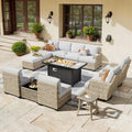 Light Gray Outdoor Sectional Patio Furniture Set with Fire Pit Table