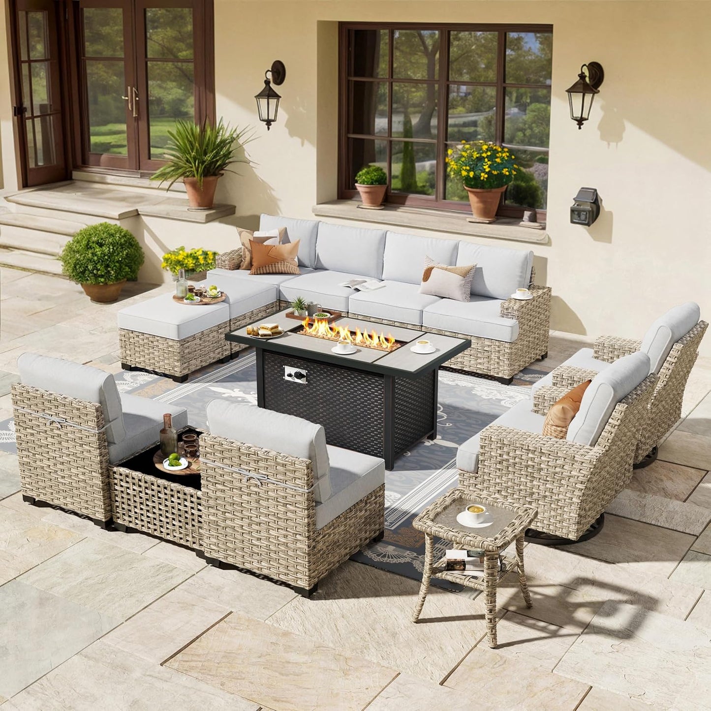 HOOOWOOO Outdoor Sectional Patio Furniture Set with Fire Pit