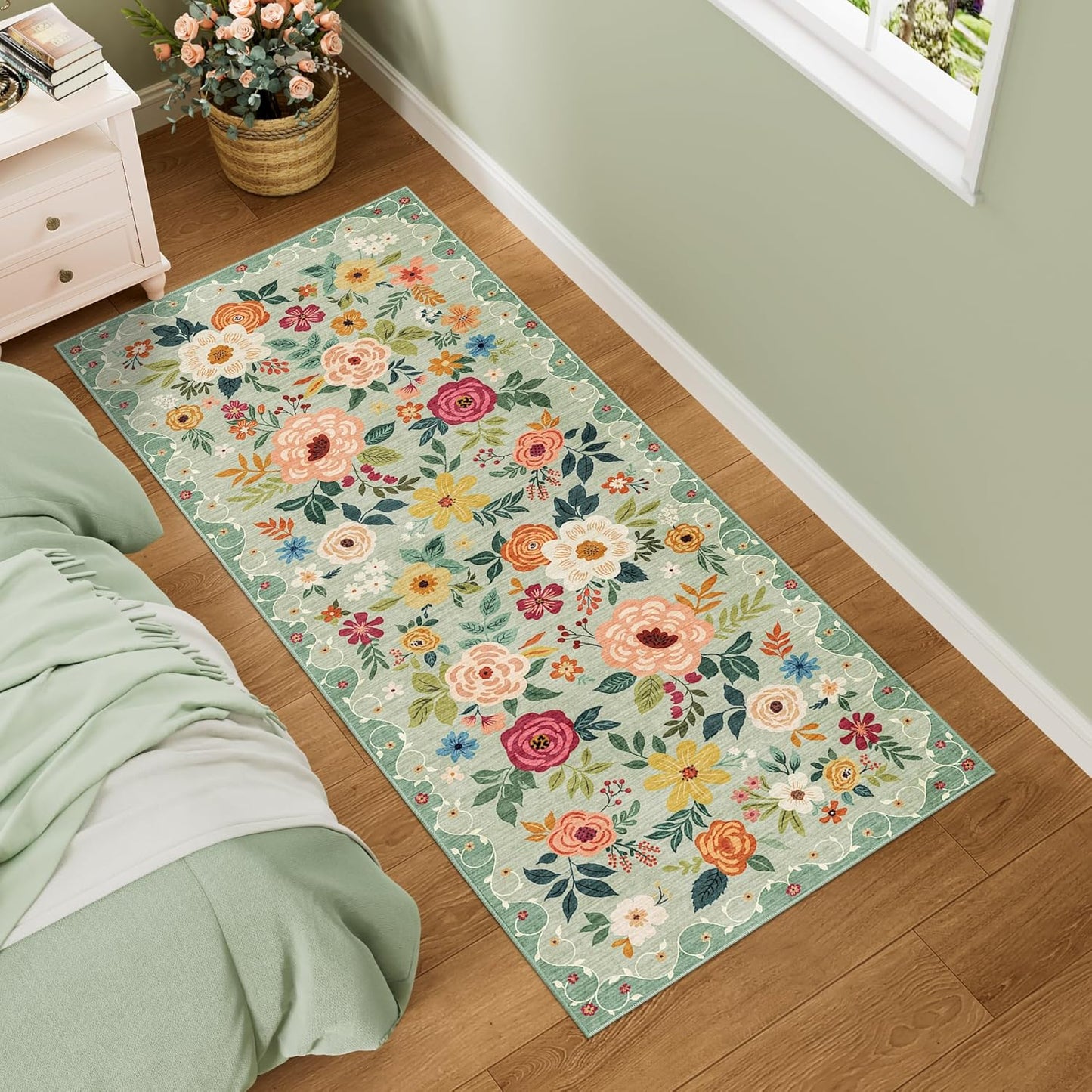 DUKINO 2x5 Runner Rug for Hallway, Washable Floral Design