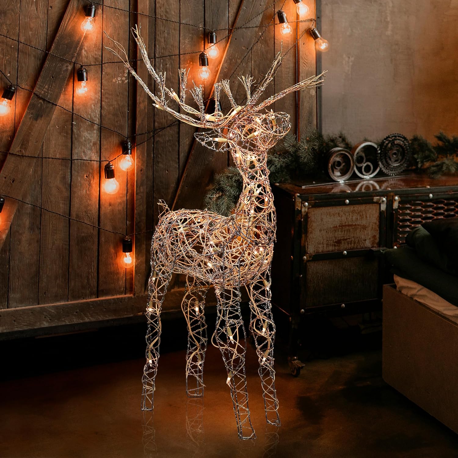 Standing Rattan Reindeer Decoration with Warm White Lights