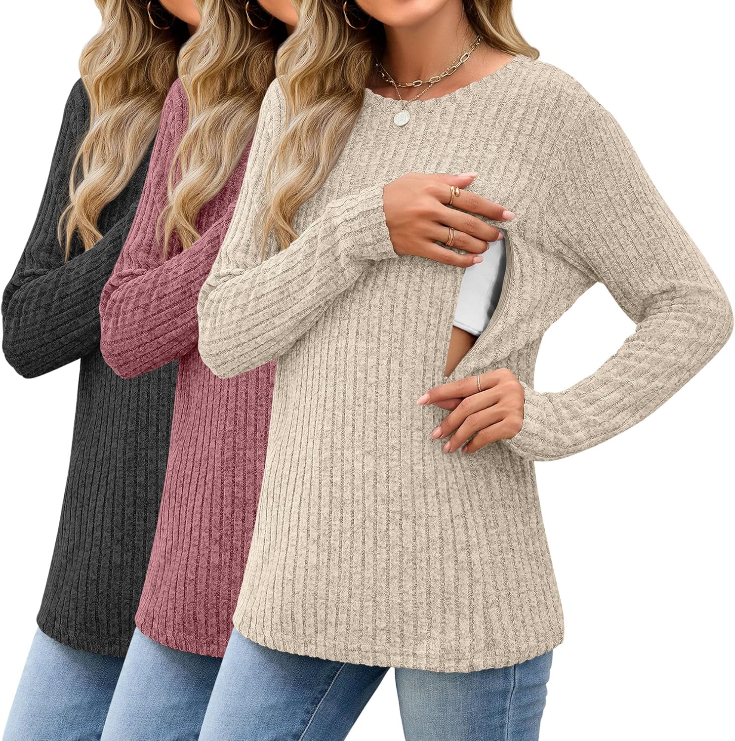 Nursing Long Sleeve Tops for Breastfeeding - 3 Pack Thermal Sweaters