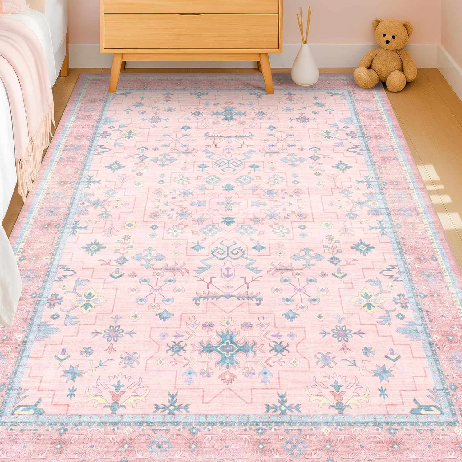 Washable Pink and Blue 6x8 Boho Rugs for Bedroom and Living Room