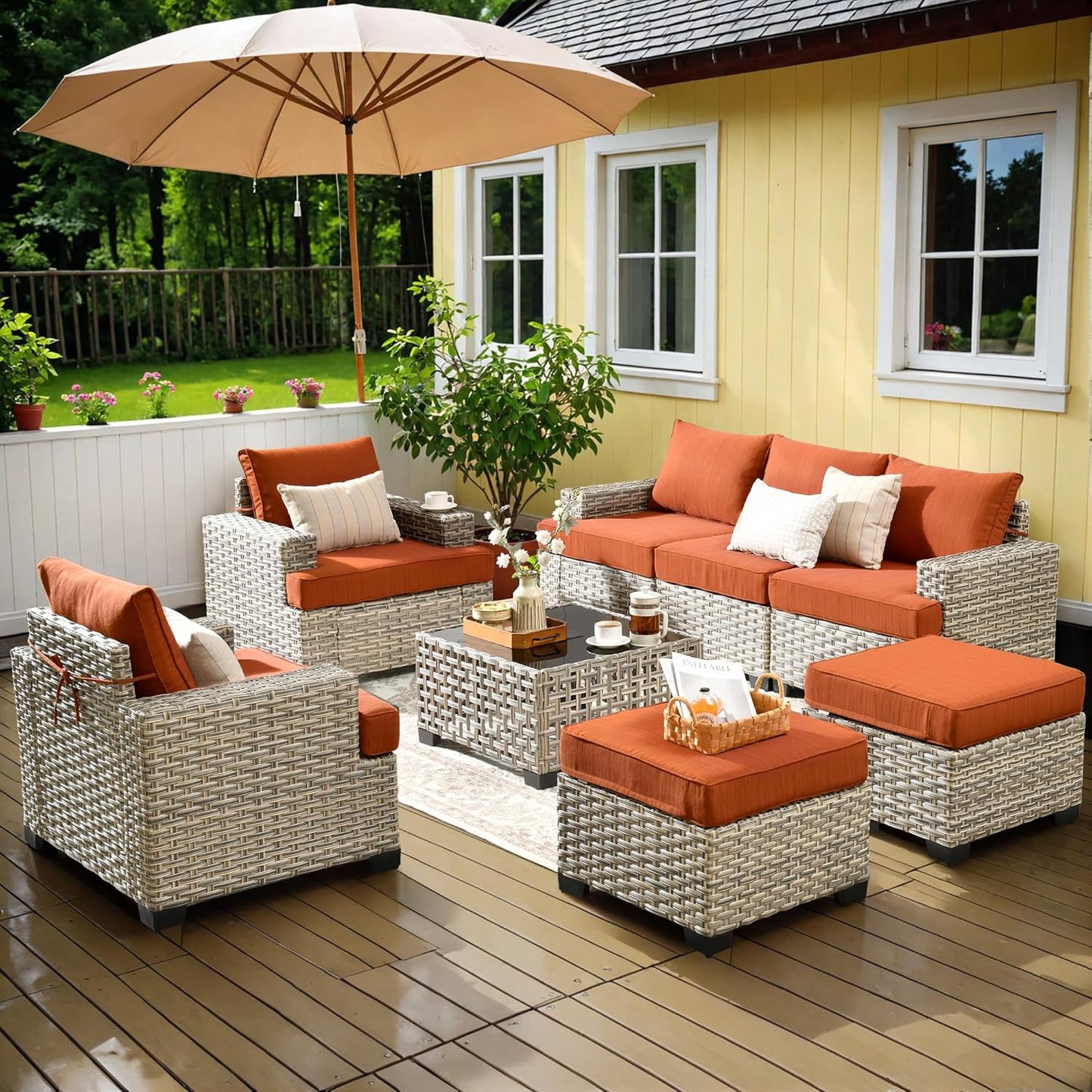 8-Piece Outdoor Rattan Sofa Set + Solar Table - CAODOC