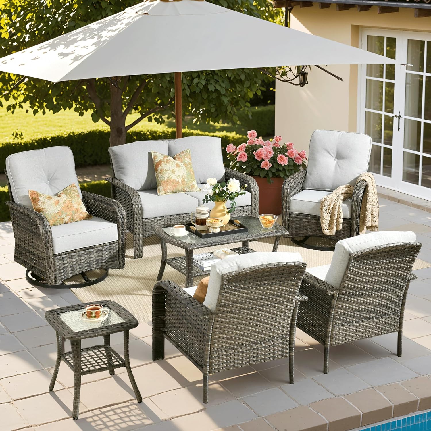 ovios 7 Pieces Patio Furniture Set with Swivel Chairs and Table