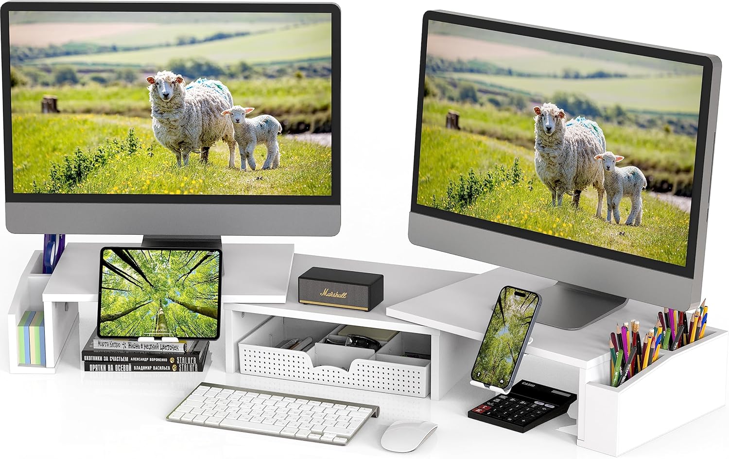 Dual Monitor Stand Riser with Drawer for Ergonomic Workspace