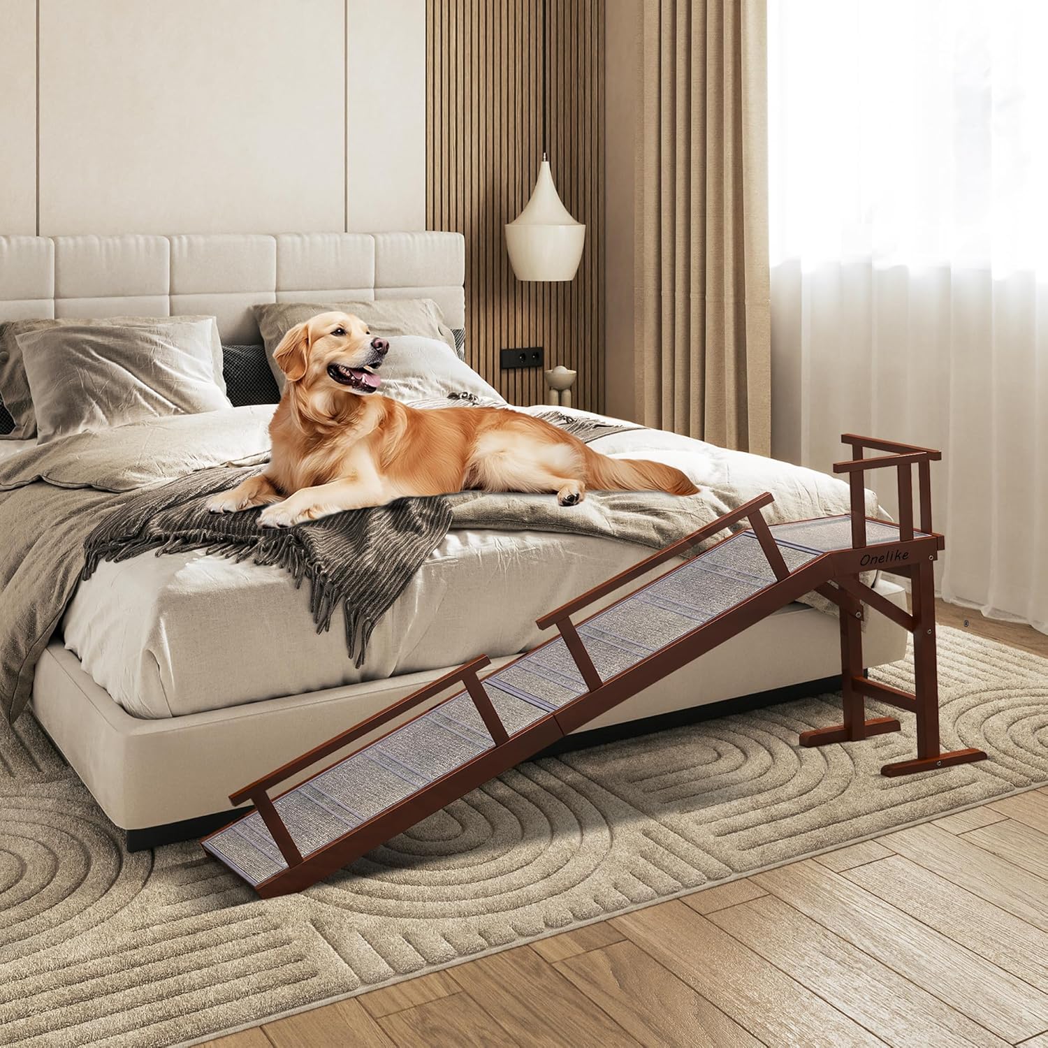 Onelike Wooden Dog Ramp for Bed with Non-Slip Carpet Surface