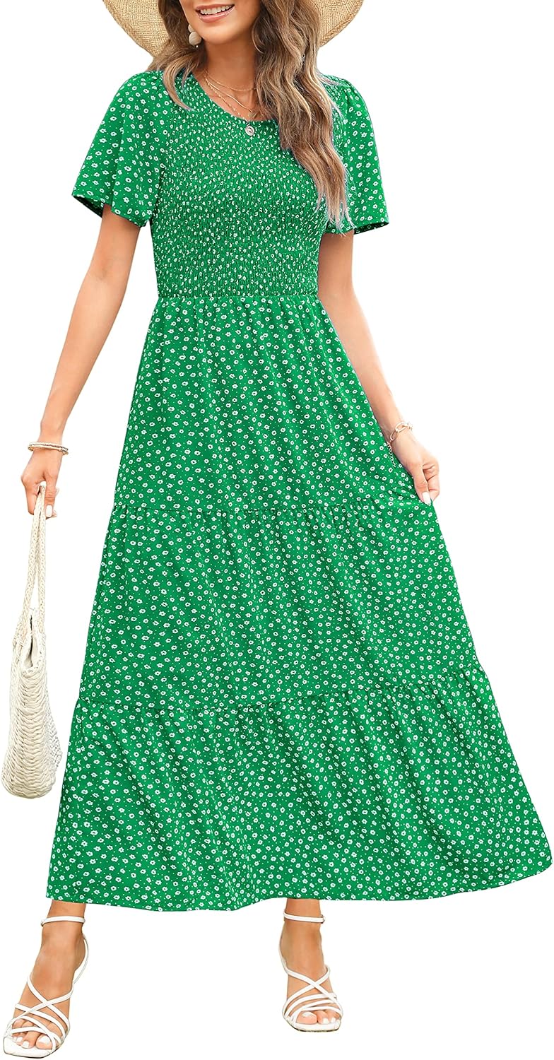 Maggeer Womens Smocked Wedding Guest Maxi Dress for Summer