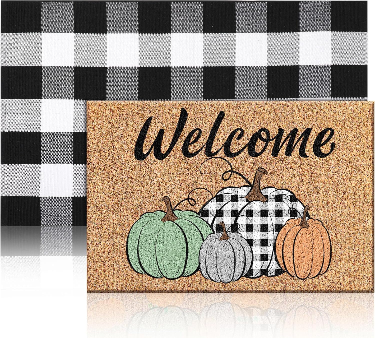 Moucuny Fall Doormat Set: Pumpkin & Buffalo Plaid Style