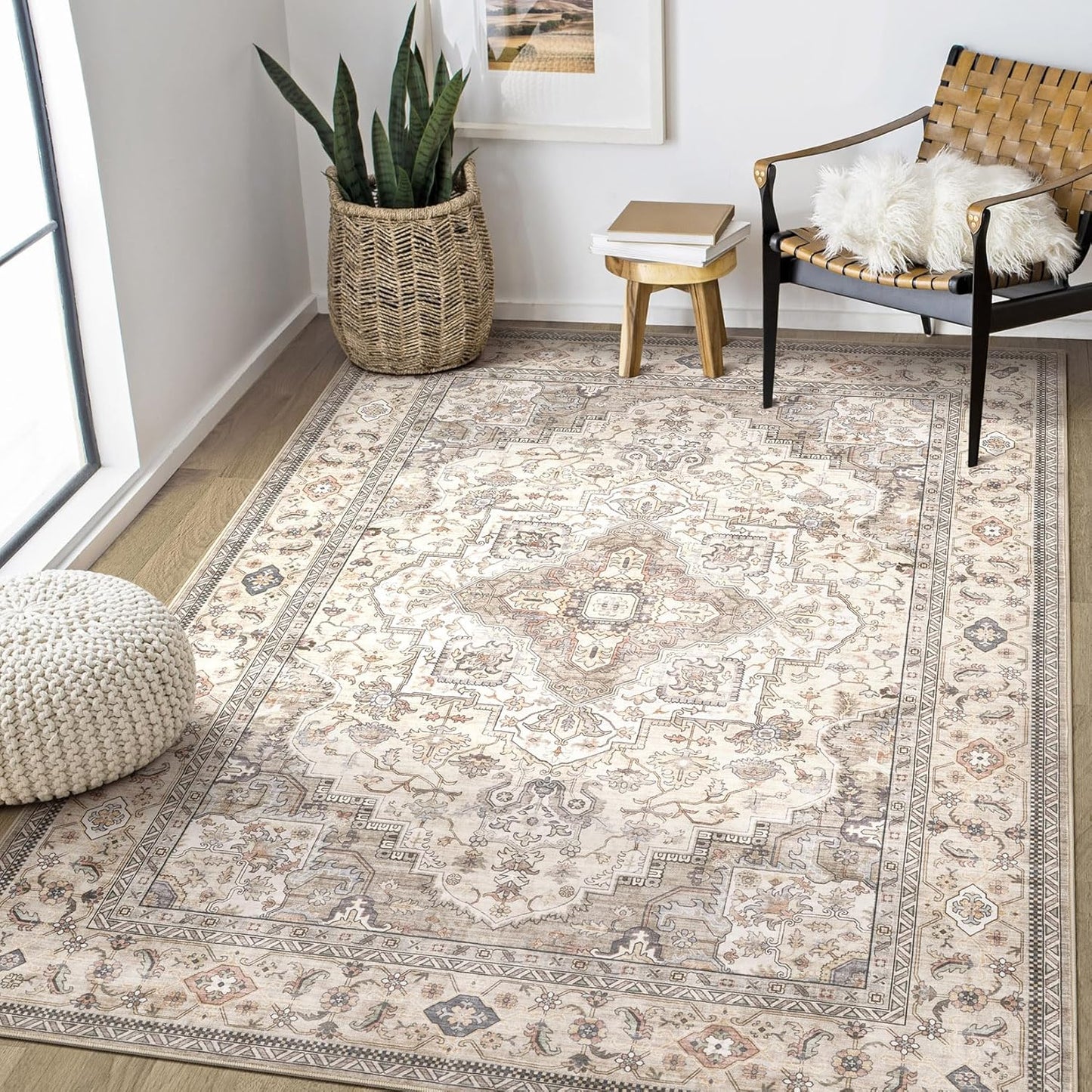 Washable Area Rugs for Living Room - Soft Vintage Floral Design