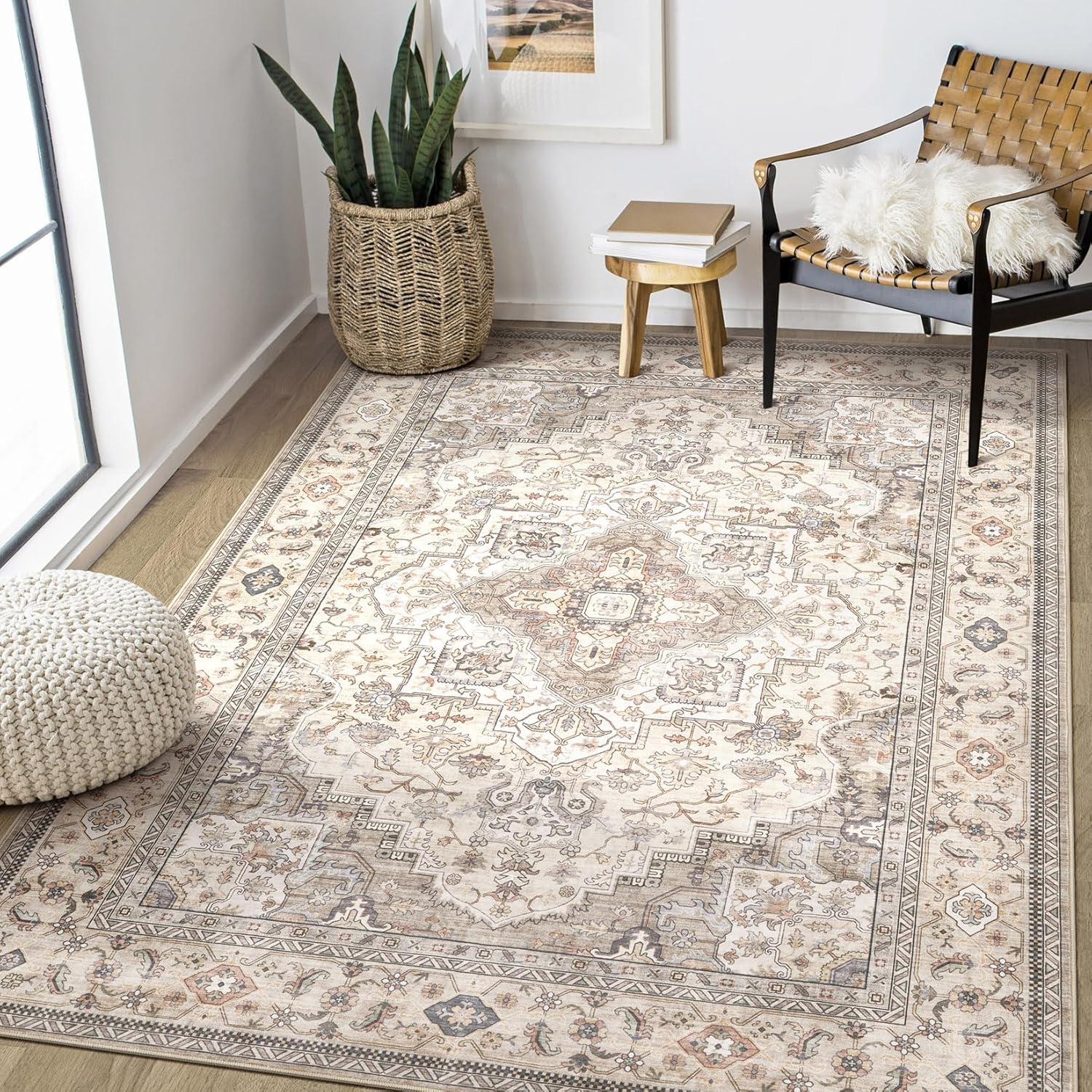 Washable Area Rugs for Living Room - Soft Vintage Floral Design
