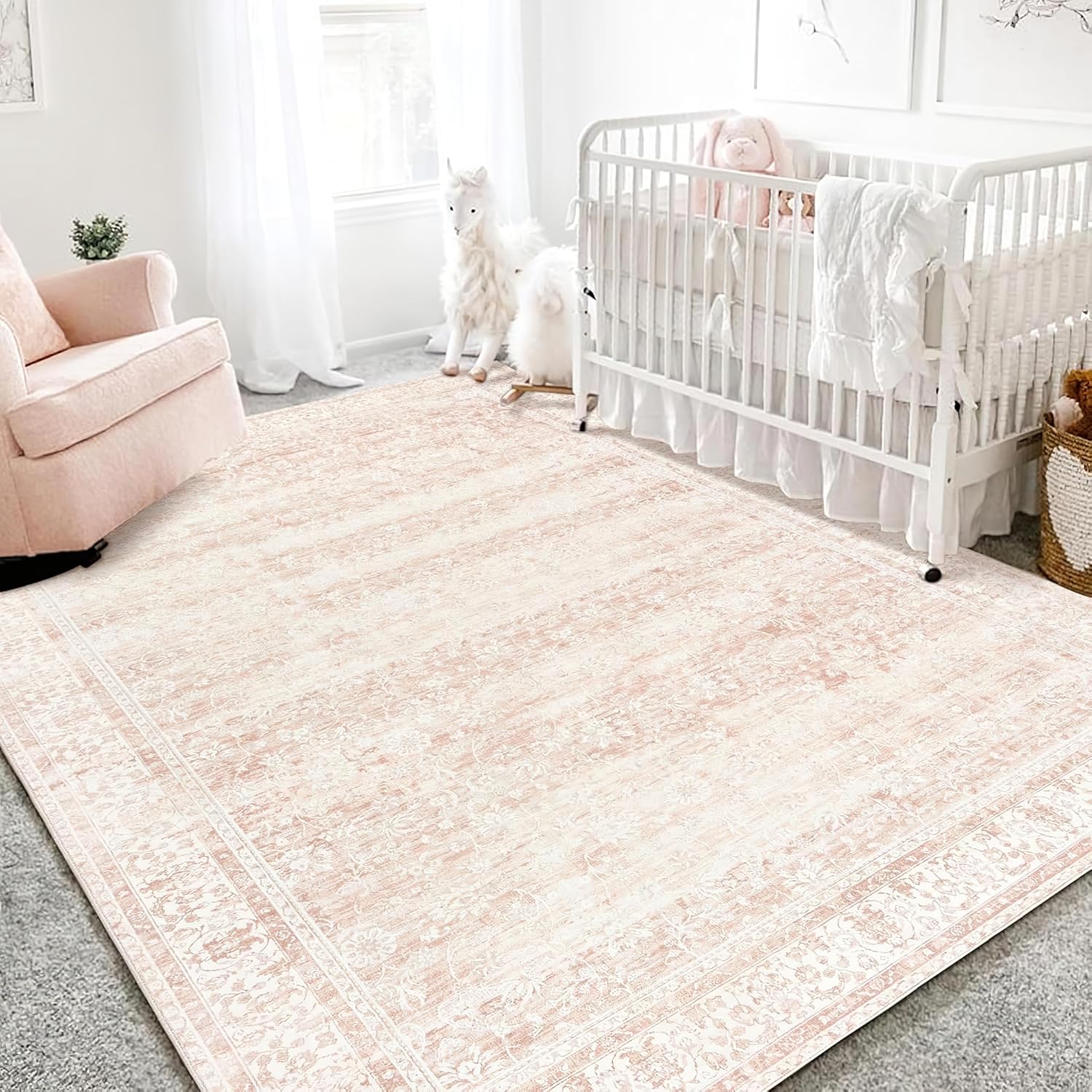 Nursery Rug for Baby Girl in Blush Pink Boho Floral Design