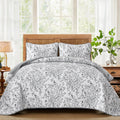 King Quilt Set Grey Botanical Quilt Bedding Set - Lightweight