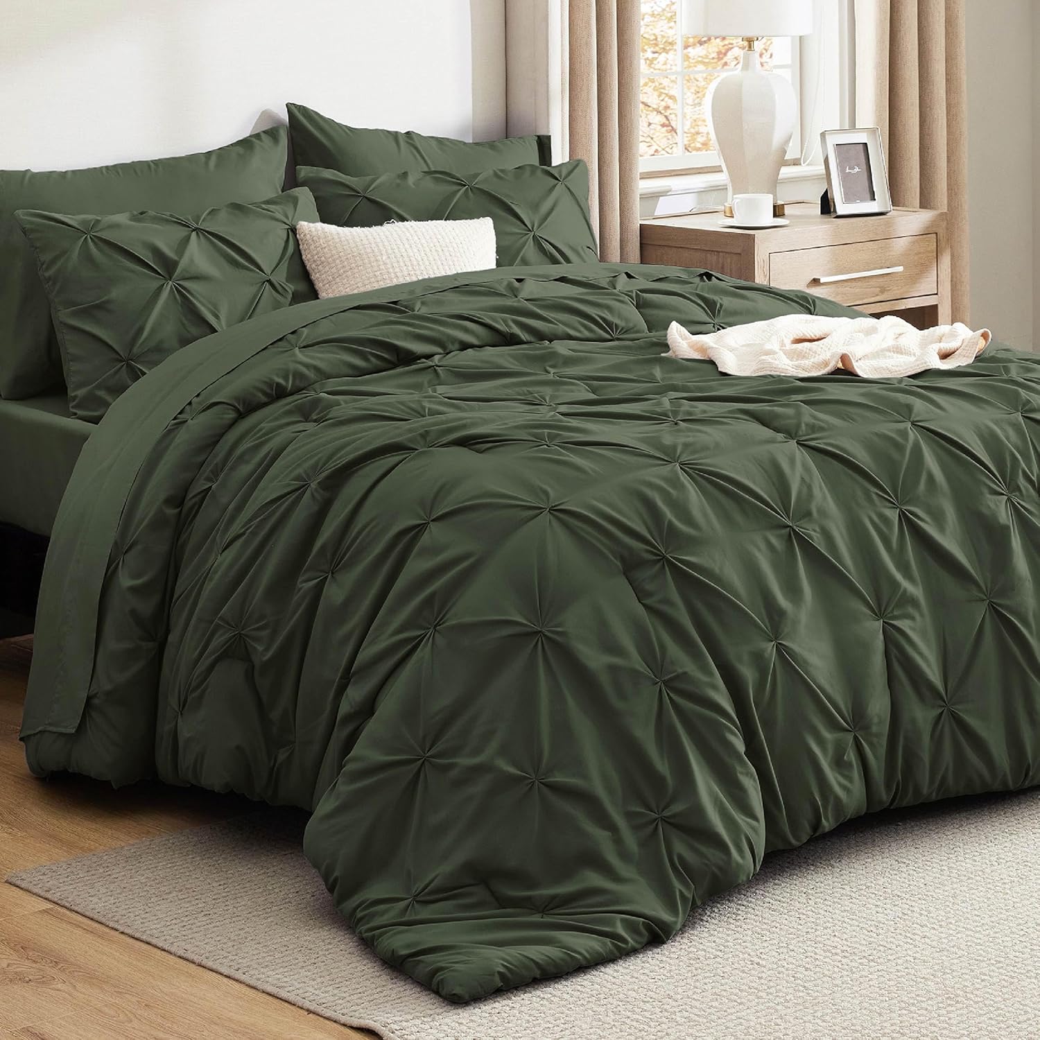 Bedsure Queen Comforter Set Olive Green - 7 Piece Bed in a Bag