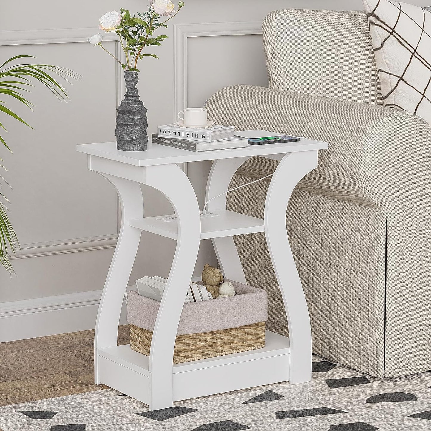 Charming White End Table with Charging Station for Living Room