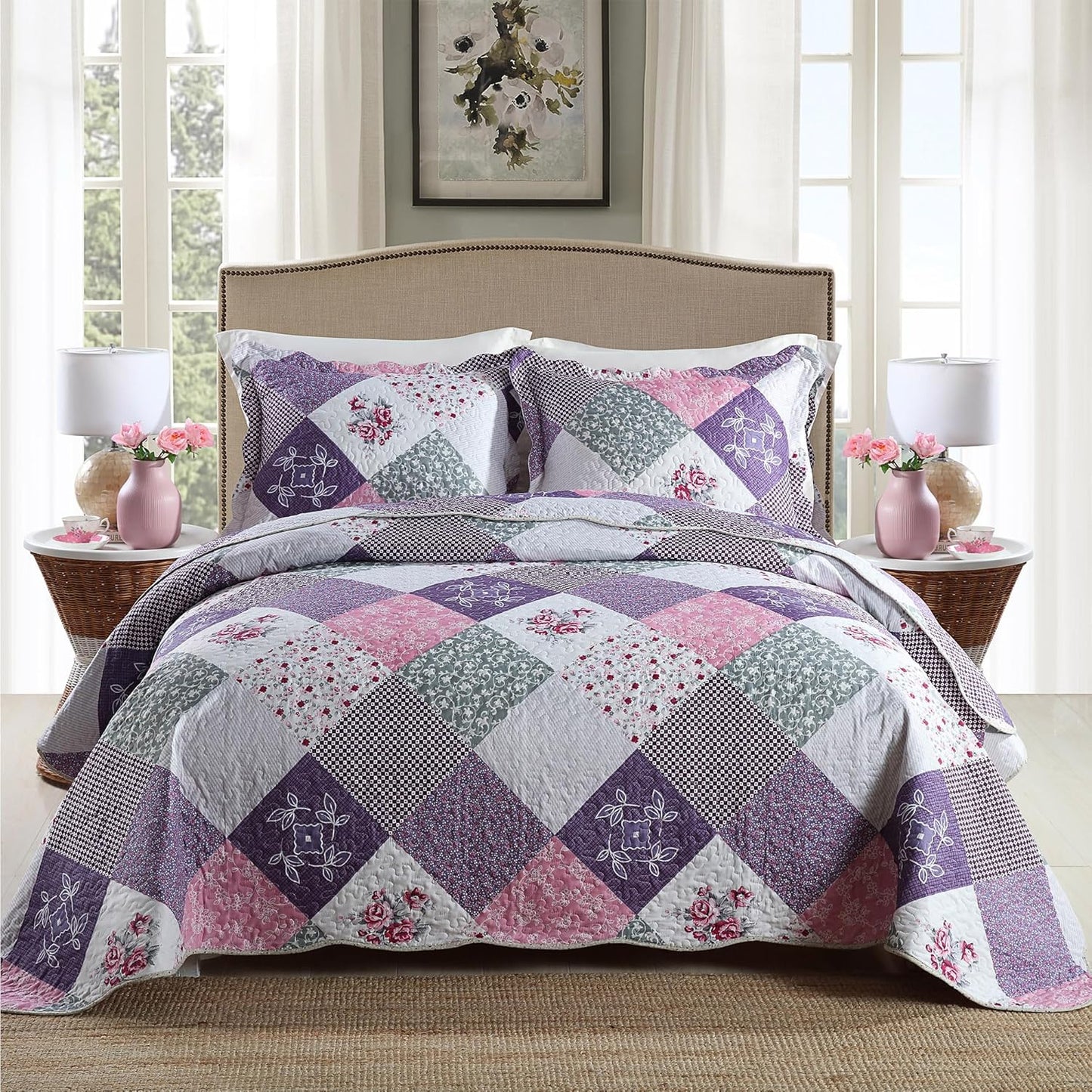 HoneiLife Quilt Set Queen Size - Reversible Floral Bedding