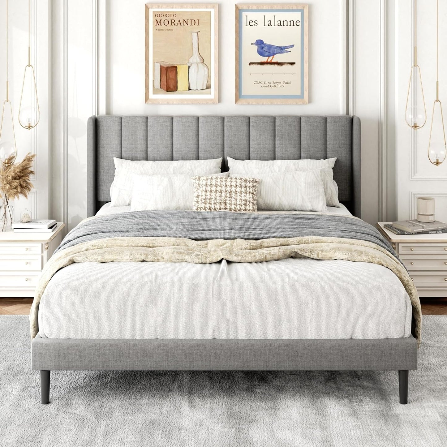 Queen Size Bed Frame with Upholstered Wingback Headboard