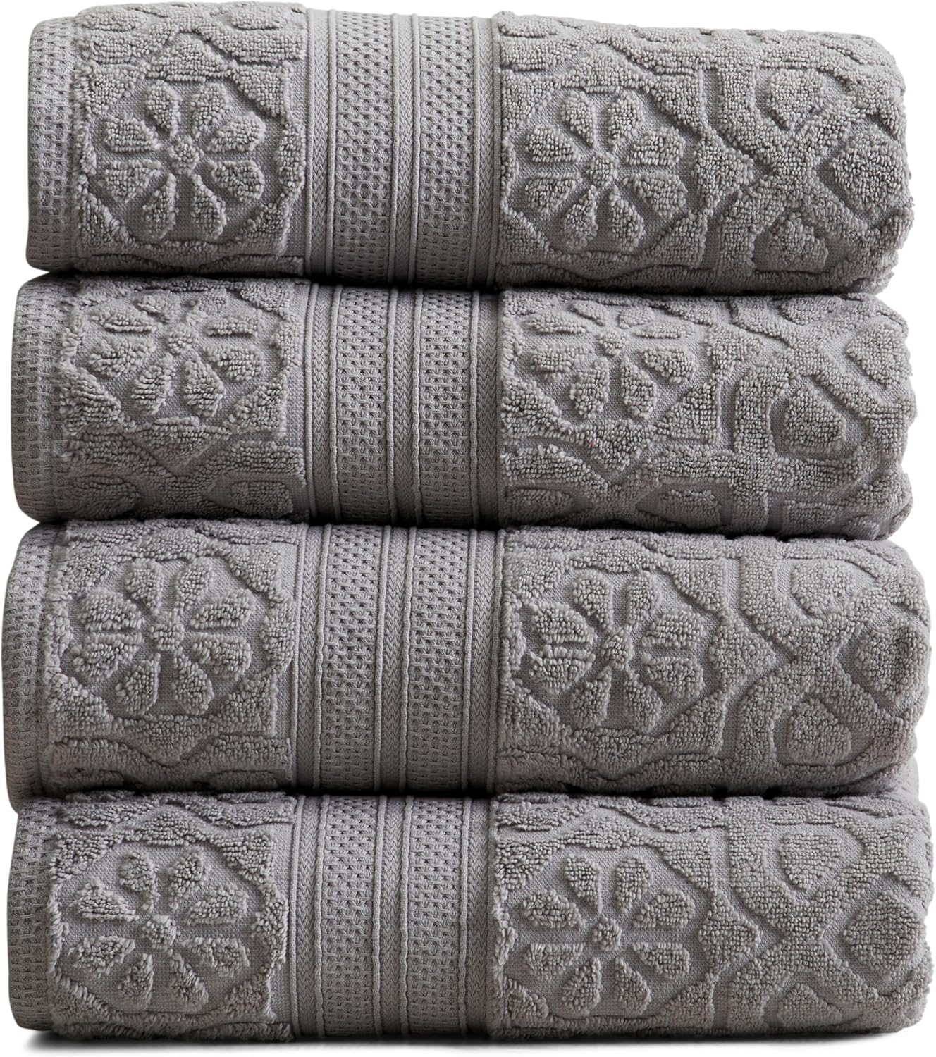 100% Cotton Bath Towel Set of 4 with Floral Textured Design