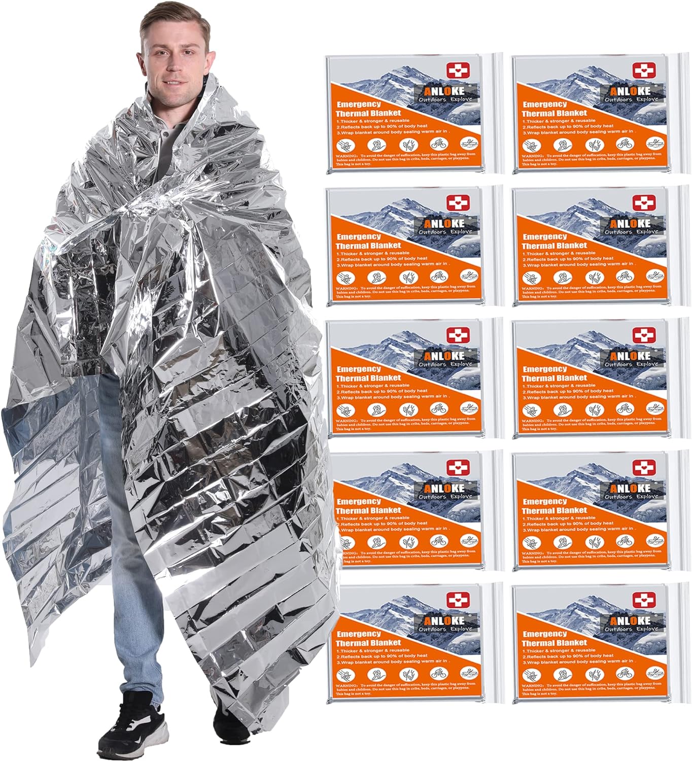 10 Pack Gigantic Emergency Blankets - Heavy Duty Camping Gear