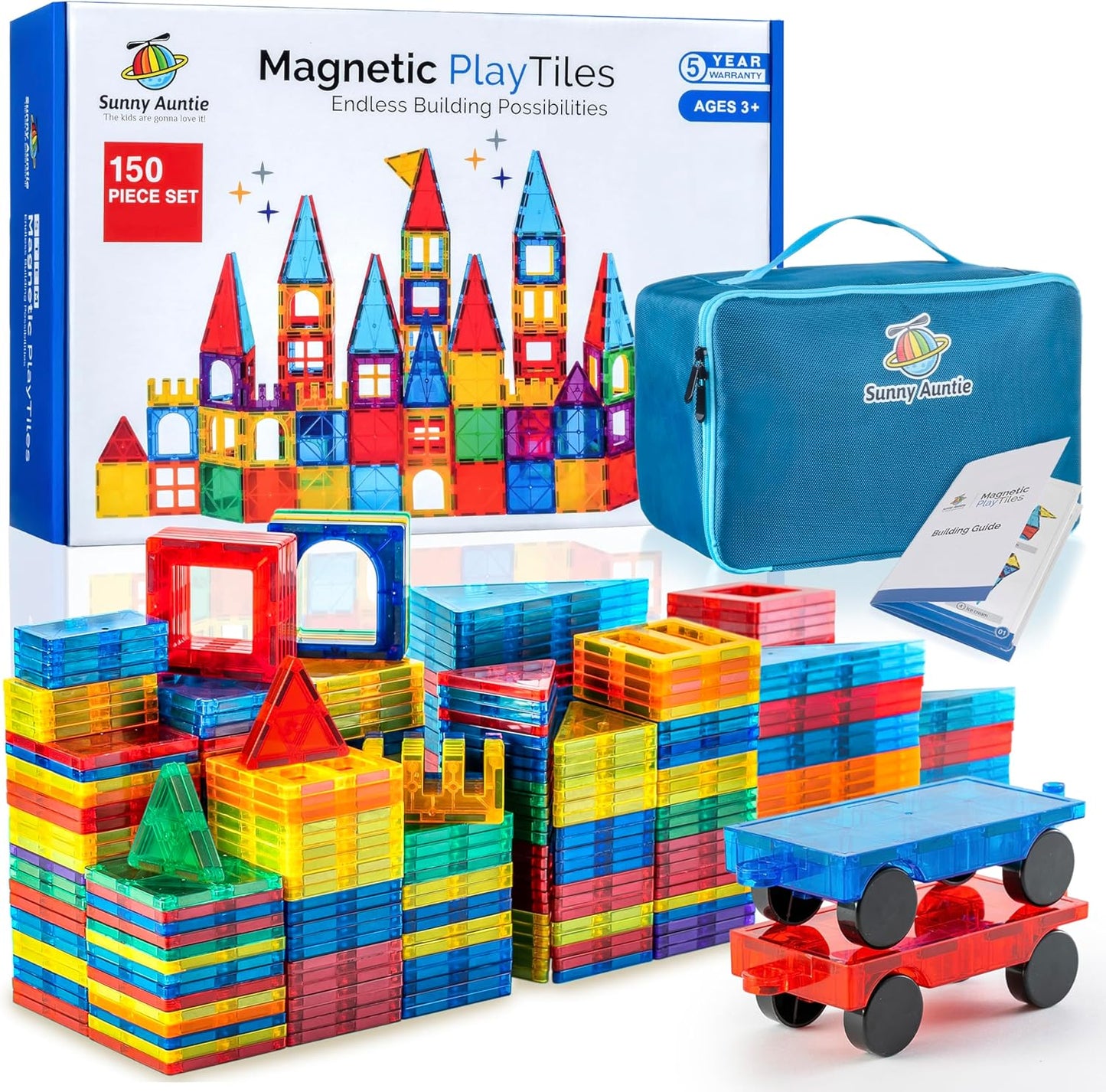 Magnetic Tiles 150 PCS Set with Bonus Case for Kids Aged 3-8