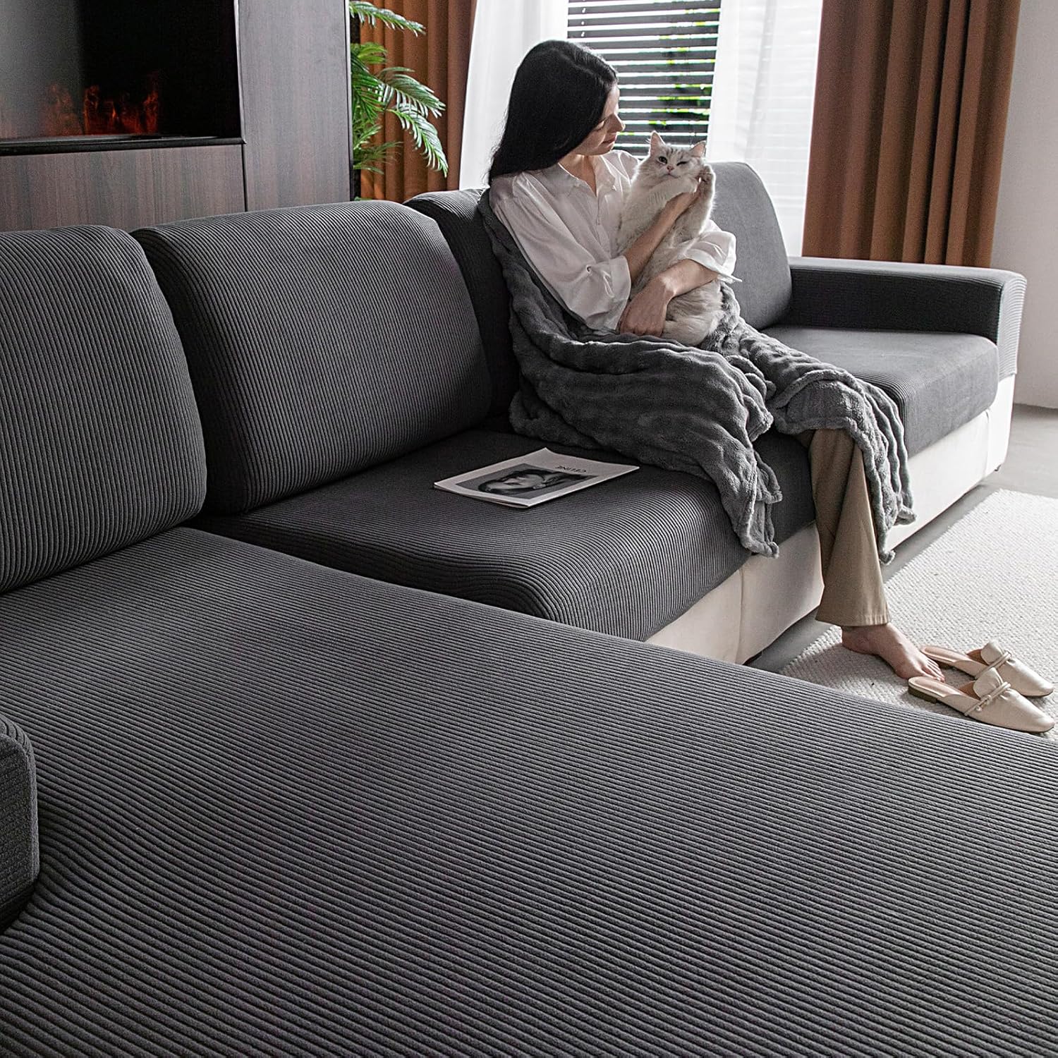 Wear Resistant Stretch Sofa Covers for Pets - Dark Gray 3 Pieces