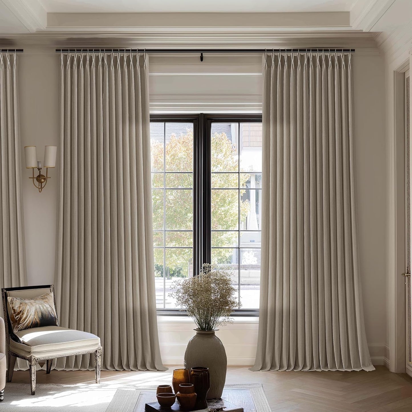 Linen Sheer Pleated Curtains for Patio Sliding Doors 70x120