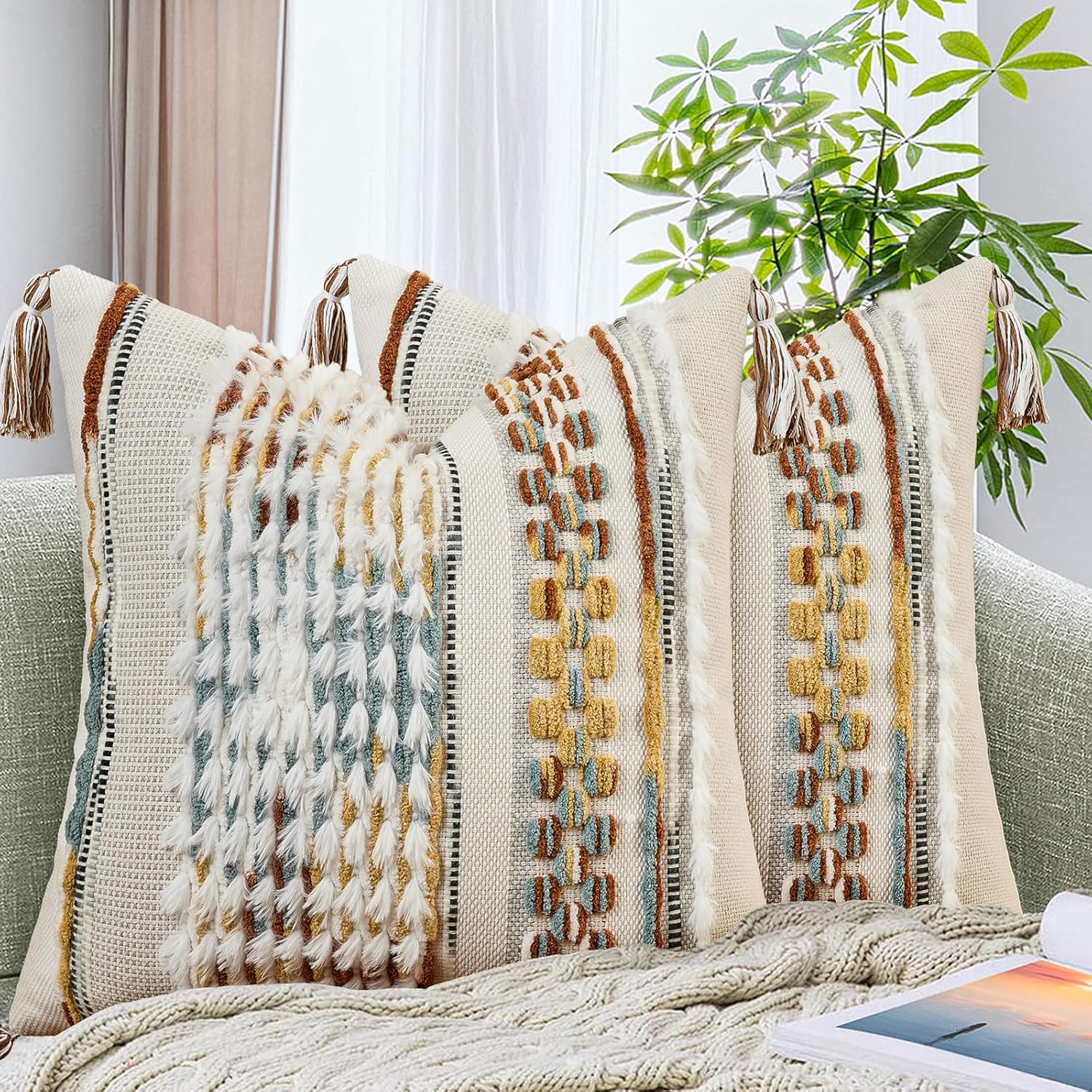 Chenille Striped Tufted Textured Boho Throw Pillow Covers Set