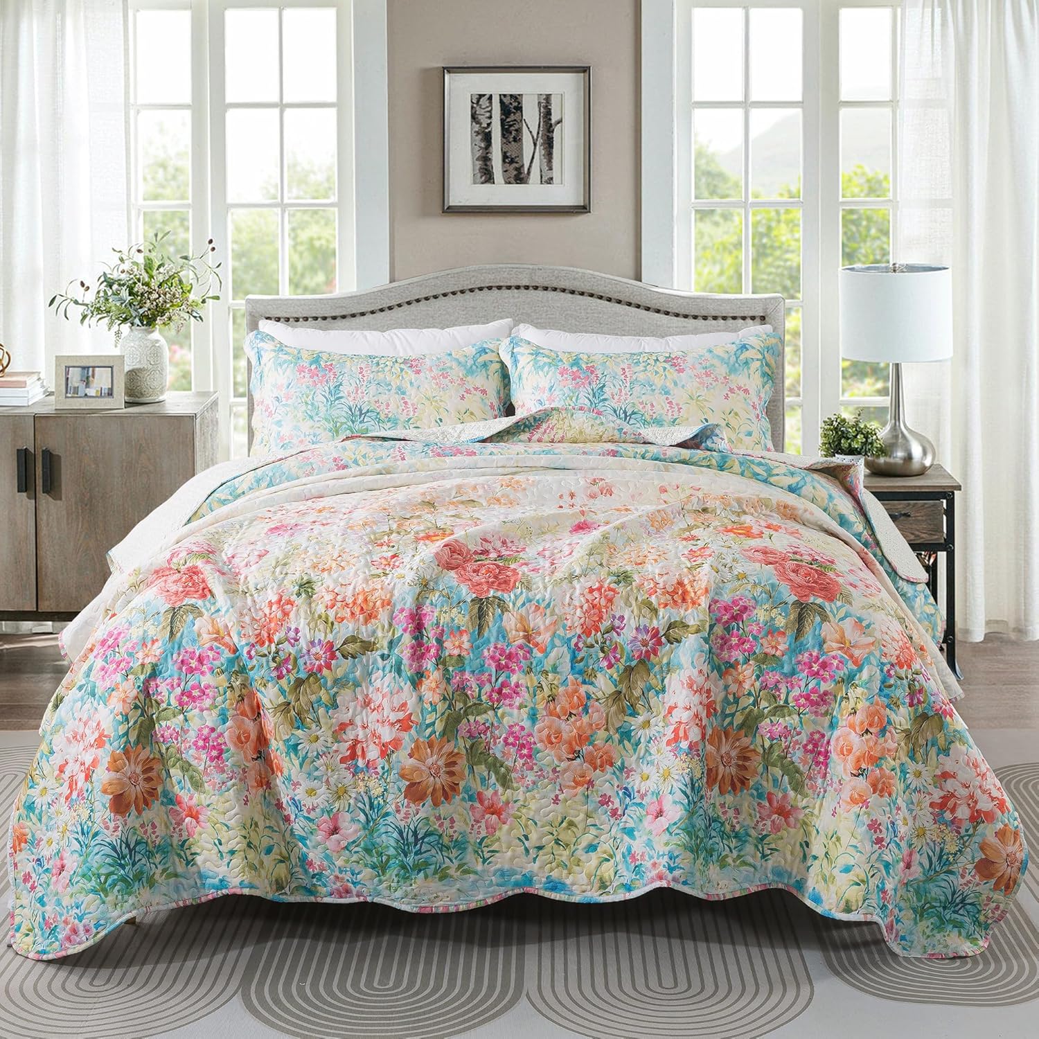 HoneiLife King Quilt Bedding Set - Floral Quilt for All Seasons