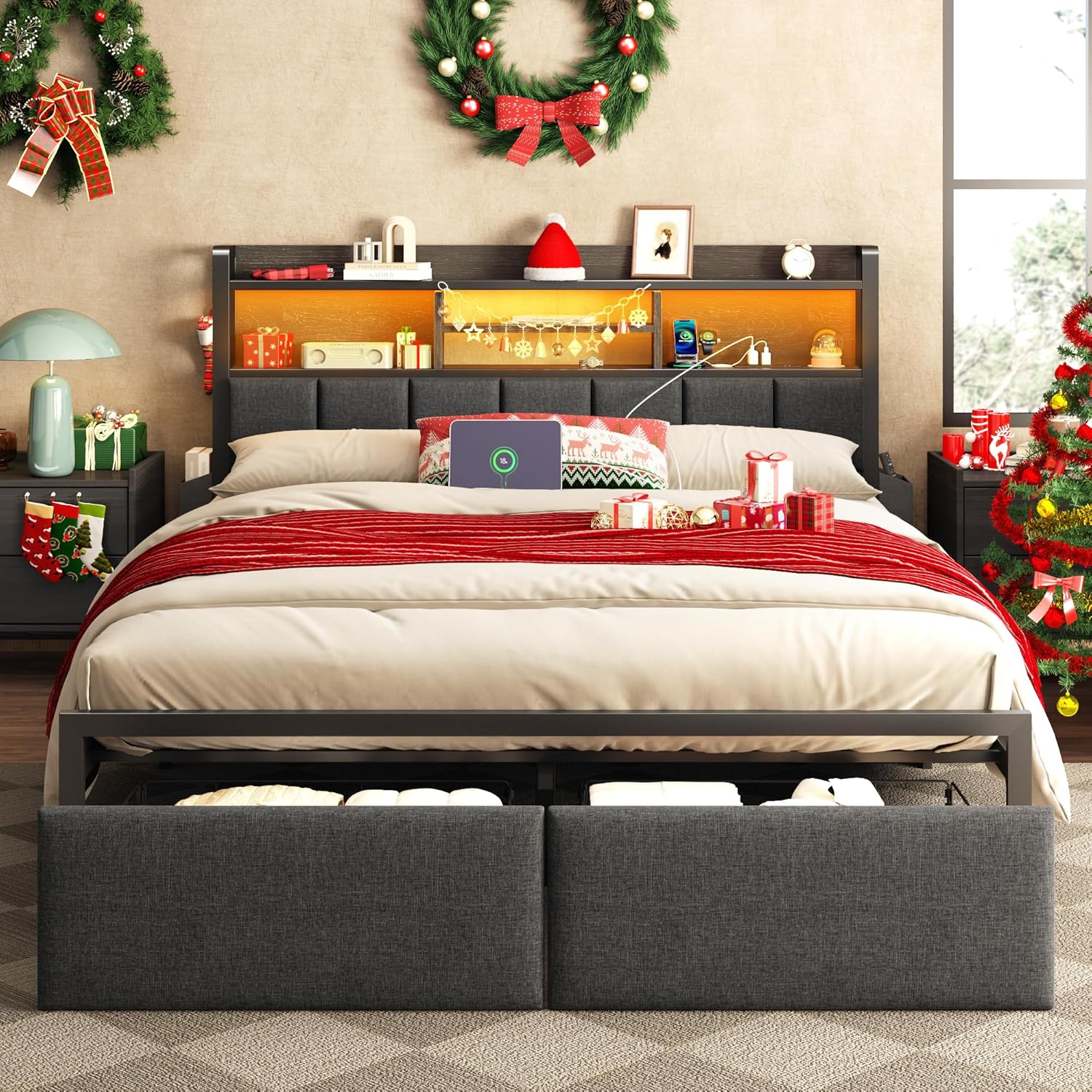 Furnulem Full Size Bed Frame with Storage & LED Lights