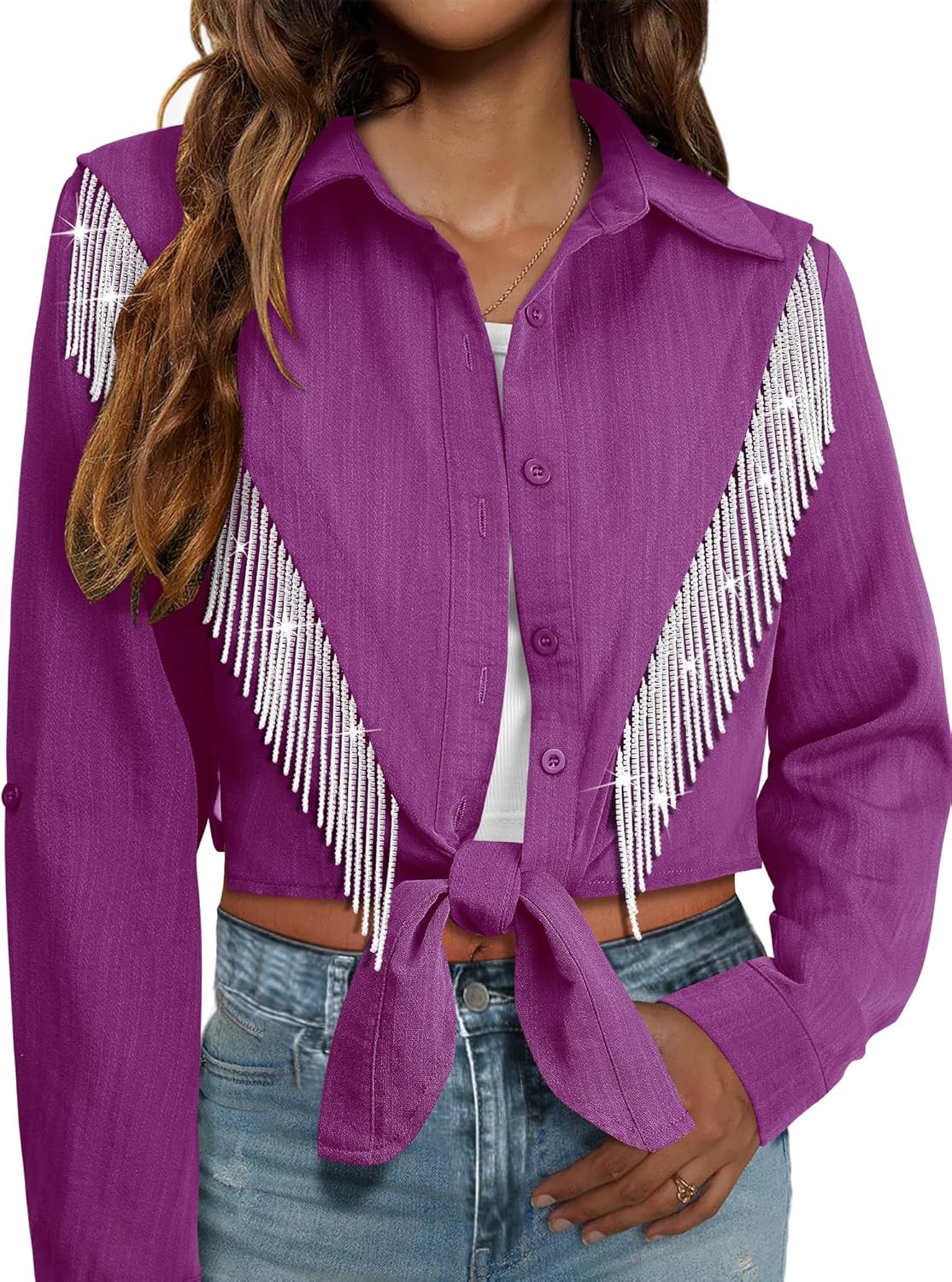 MYMORE Womens Sparkly Fringe Cropped Button Down Shirt for Cowgirls